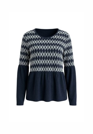 Ulla Popken, GEOMETRIC TEXTURE LONG SLEEVE ELASTIC SMOCKED TEE - Longsleeve - marine