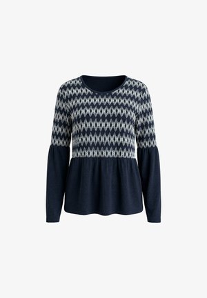 Ulla Popken, GEOMETRIC TEXTURE LONG SLEEVE ELASTIC SMOCKED TEE - Longsleeve - marine