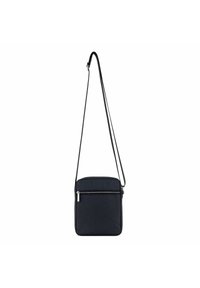 Borsa a tracolla nera con una superficie liscia e testurizzata. Presenta una tasca frontale con zip e una tracolla regolabile per una facile portabilità.