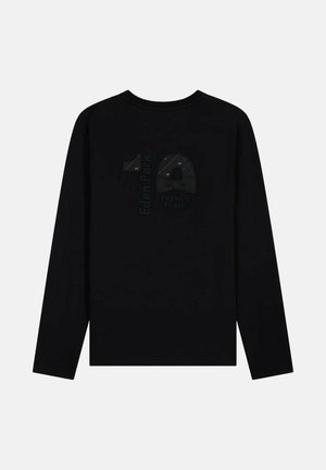 T-shirt noir à manches longues avec un imprimé logo texturé de couleur gris foncé à l'arrière, portant l'inscription "Eden Park 10 FRENCH FLAIR". Conception à col rond.
