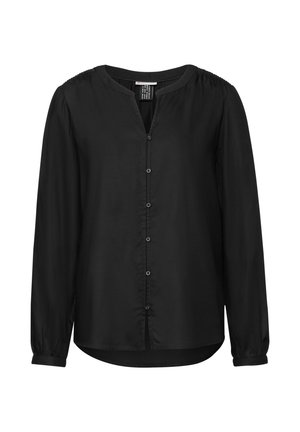 Schwarze Bluse mit langen Ärmeln aus leichtem Stoff, mit einem V-Ausschnitt, Knopfverschluss und Raffung an den Schultern und Ärmeln.