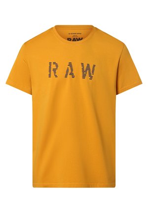 Yellow cotton t-shirt with short sleeves, featuring "RAW" in black horizontal stripes across the chest. Round neckline, simple design.