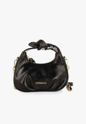 Sac en cuir noir avec un design froncé, quincaillerie dorée et une poignée nouée. Comprend une sangle d'épaule amovible pour plus de polyvalence.