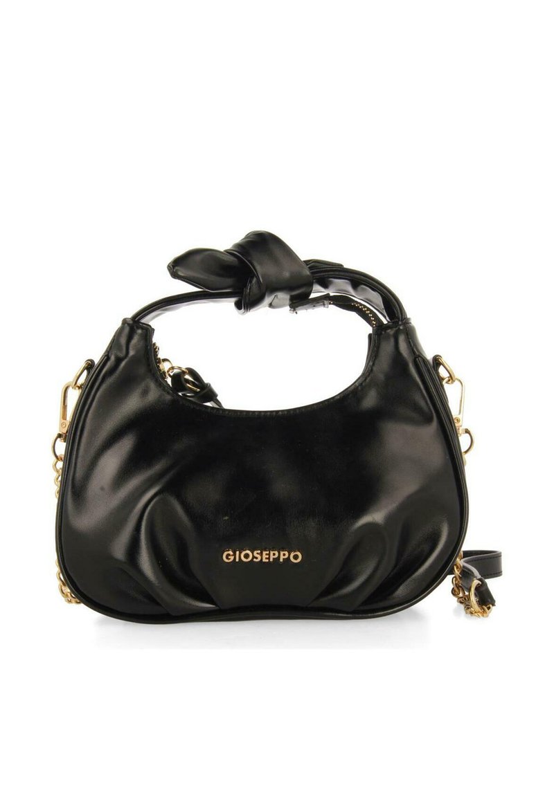 Sac en cuir noir avec un design froncé, quincaillerie dorée et une poignée nouée. Comprend une sangle d'épaule amovible pour plus de polyvalence.