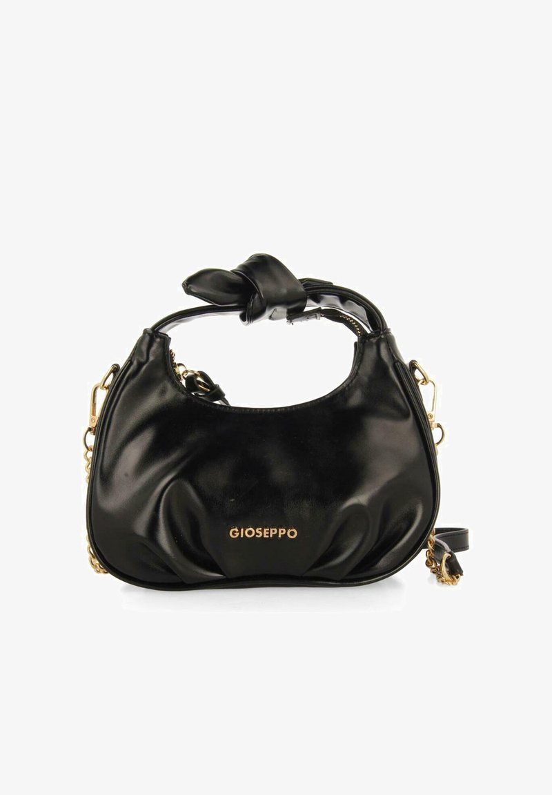 Sac en cuir noir avec un design froncé, quincaillerie dorée et une poignée nouée. Comprend une sangle d'épaule amovible pour plus de polyvalence.