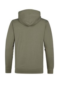 Felpa con cappuccio in verde oliva, realizzata in tessuto morbido. Presenta maniche lunghe e polsini e orlo a coste. Design semplice e minimalista.