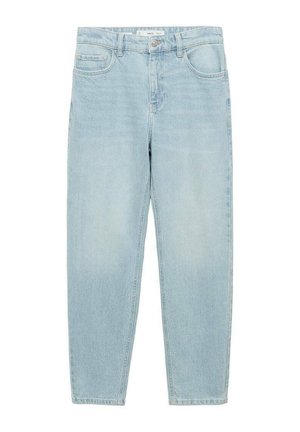 Light blue denim jeans with a straight-leg fit, five-pocket design, front button closure, and slightly faded texture.