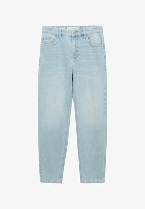 Light blue denim jeans with a straight-leg fit, five-pocket design, front button closure, and slightly faded texture.