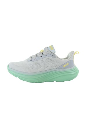 Jasnoszary sportowy sneaker z oddychającą cholewką z siateczki, miętowozieloną grubą amortyzowaną podeszwą, żółtą pętelką na pięcie oraz żółtym logo "BIG STAR" na języku i boku.