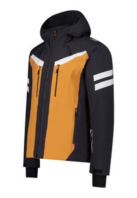 Vandtæt sportsjakke med et navy og orange farveskema. Har hvide diagonale striber, lynlåslommer og en justerbar hætte.
