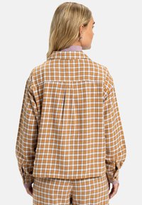 Bruine en witte geruite shirt, lange mouwen, ontspannen pasvorm, button-down kraag, detail op de achterkant, zachte stofstructuur.