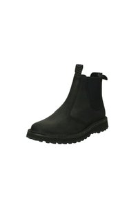 Stivale Chelsea in pelle nera con pannelli laterali in elastico, punta rotonda, suola in gomma testurizzata e un tassello sul retro per una facile calzata.