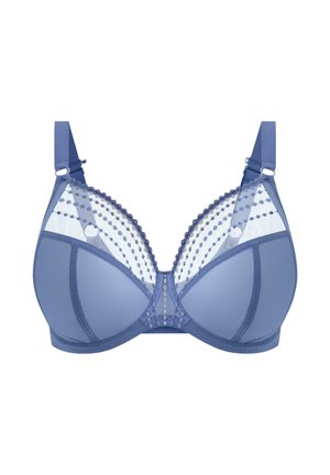 Soutien-gorge bleu à armatures avec panneaux supérieurs transparents, motif à pois et bordure en dentelle festonnée. Bretelles réglables et tissu à texture lisse.