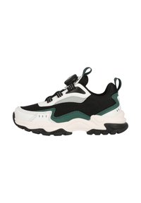 Schwarzer, weißer und türkisfarbener Sneaker mit einem Mesh-Obermaterial, strukturierten Überzügen, einem runden Schnürdial und einer dicken schwarzen Gummisohle.