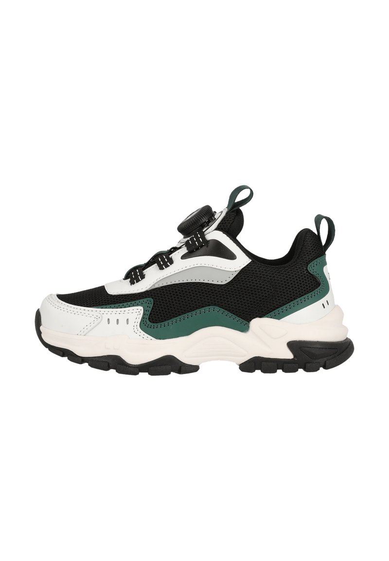 Schwarzer, weißer und türkisfarbener Sneaker mit einem Mesh-Obermaterial, strukturierten Überzügen, einem runden Schnürdial und einer dicken schwarzen Gummisohle.
