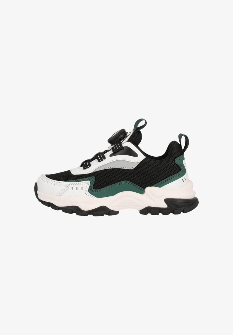 Sneaker noir, blanc et teal avec une tige en mesh, des superpositions texturées, un cadran de lacet rond et une épaisse semelle en caoutchouc noir.