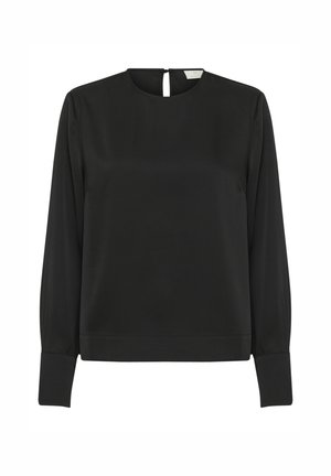 Blouse noire à manches longues avec un col haut et un détail de dos en forme de trou de serrure. Le tissu est lisse, avec des poignets ajustés et une silhouette décontractée.