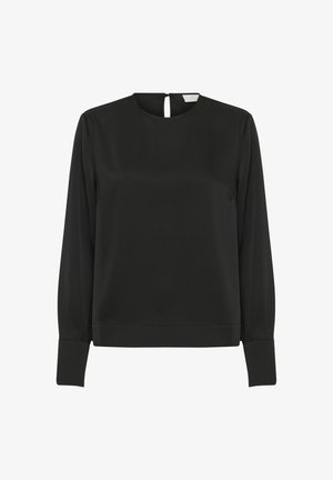 Blouse noire à manches longues avec un col haut et un détail de dos en forme de trou de serrure. Le tissu est lisse, avec des poignets ajustés et une silhouette décontractée.