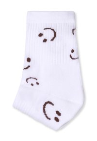 Biała skarpetka na kostkę z brązowym wzorem uśmiechniętej buźki; prążkowana tekstura na górze. Miękki materiał, zawiera wzmocniony zapiętki i palce.
