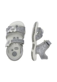 Sandales à paillettes argentées avec accent de fleur, dotées de sangles Velcro réglables et d'une semelle texturée pour une meilleure adhérence. Conçues pour le confort et la stabilité.