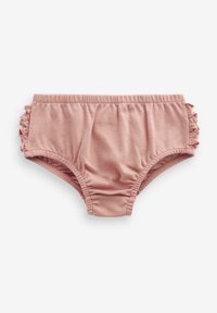 Roza pamučna bikini gaćice s volanima sa strane, nabrane tkanine i elastičnim pojasom za čvrsto pristajanje. Glatka tekstura i dizajn punog pokrića.