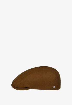 Braune Schiebermütze mit kleinem silbernem Markenlogo an der Seite, dargestellt vor weißem Hintergrund.