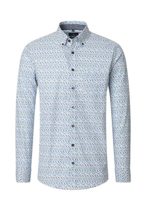 Long-sleeve button-up shirt in light blue, featuring a pattern of small multicolored dots, with dark buttons and a collared neck.