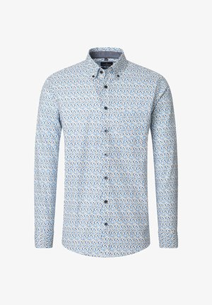 Long-sleeve button-up shirt in light blue, featuring a pattern of small multicolored dots, with dark buttons and a collared neck.