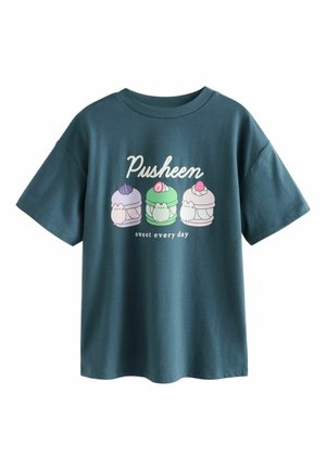 Teal Baumwoll-T-Shirt mit einem Grafikdesign von drei niedlichen Dessertfiguren und dem Text "Pusheen" sowie "sweet every day". Mit kurzen Ärmeln und lockerer Passform.