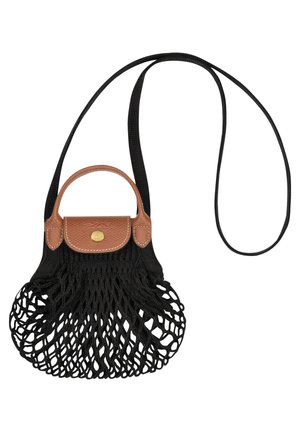 Black netted bag with a brown leather top handle, featuring a gold accent and an adjustable strap. Unique woven design with open top.