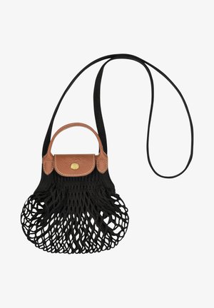 Black netted bag with a brown leather top handle, featuring a gold accent and an adjustable strap. Unique woven design with open top.