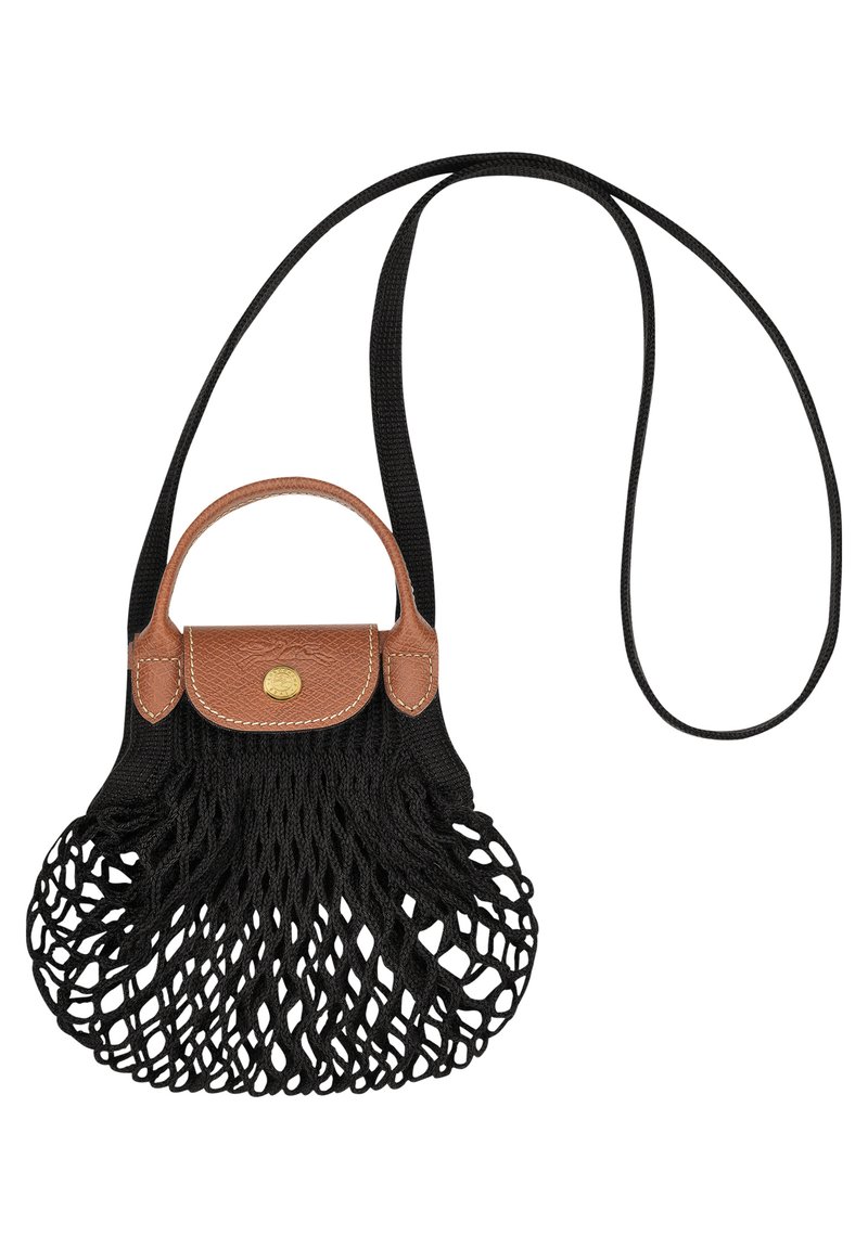 Black netted bag with a brown leather top handle, featuring a gold accent and an adjustable strap. Unique woven design with open top.