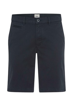 Dunkelblaue, maßgeschneiderte Herren-Shorts mit Gürtelschlaufen, vorderem Knopfverschluss und einer kleinen Seitentasche über der linken Hüfte.