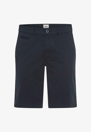 Dunkelblaue, maßgeschneiderte Herren-Shorts mit Gürtelschlaufen, vorderem Knopfverschluss und einer kleinen Seitentasche über der linken Hüfte.