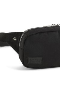 Zwarte stoffen heuptas met ritssluiting, versterkte stiksels en een gestructureerd oppervlak. Voorzien van een logo-opdruk en een verstelbare schouderband.