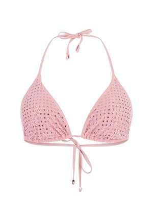 Pink triangle bikini top with rhinestone embellishments, adjustable ties at neck and back, gathered fabric for added texture.