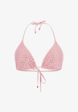 Haut de bikini triangle rose avec des embellissements en strass, liens réglables au cou et au dos, tissu froncé pour une texture supplémentaire.