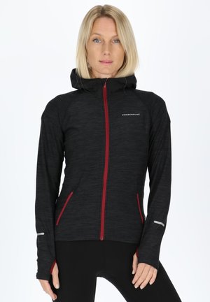 Black zip-up hoodie with a hood, red accents, two side pockets, and reflective detailing. Made from a textured, lightweight fabric.