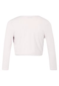 Haut blanc uni à manches longues raccourcies avec un large décolleté, vu de dos sur un fond blanc.