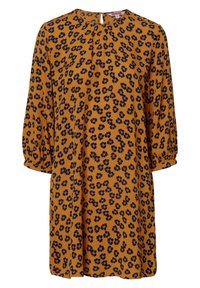 Senapsgul klänning med svart blommönster, långa puffärmar, rund halsringning och nyckelhålsdetalj bak. Slät tyg med en luftig design.