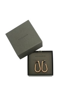 Gold-toned metal earrings in a U-shaped design, presented in a black and gray AllSaints branded box.