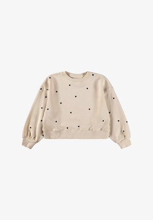 Beige Sweatshirt mit schwarzen Herzmustern, Rundhalsausschnitt und Ballonärmeln. Weicher, strukturierter Stoff mit verkürztem Schnitt. Elastische Bündchen und Saum.