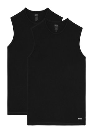 Zwei schwarze ärmellose Rundhals-Tanktops übereinander gestapelt, mit Diesel-Logo-Etikett am unteren Saum des vorderen Tops.