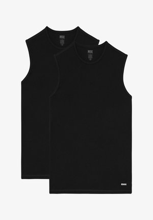 Zwei schwarze ärmellose Rundhals-Tanktops übereinander gestapelt, mit Diesel-Logo-Etikett am unteren Saum des vorderen Tops.