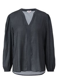 Blouse bleu foncé avec motif pied-de-poule, col en V et manches longues légèrement bouffantes ; fabriquée en tissu léger avec une texture douce.