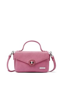 Borsa a mano in pelle rosa con finitura testurizzata, dotata di manico superiore, tracolla removibile e chiusura magnetica circolare.