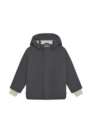 Chaqueta gris oscuro con capucha, mangas ranglán, dos bolsillos frontales y detalles beige en los puños. Textura suave y diseño casual.