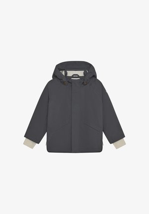 Veste gris foncé avec capuche, manches raglan, deux poches avant et accents beiges aux poignets. Texture lisse et design décontracté.