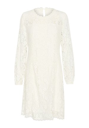 Weißes Spitzenkleid mit langen Ärmeln, rundem Ausschnitt und Schlüssellochausschnitt hinten. Hat ein florales Muster und einen gewellten Saum. Leichtes, strukturiertes Material.
