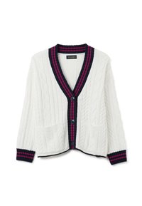 Weißer Strickcardigan mit blauem und magentafarbenem gestreiftem Trim, drei Knöpfen, zwei vorderen Taschen und gerippten Bündchen.